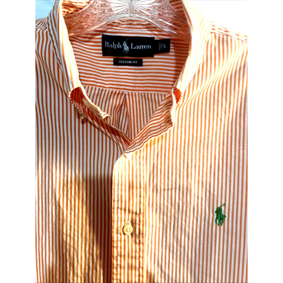 Ralph Lauren Shirt Orange White Striped Buttons Custom Fit Long Sleeve Men’s L - Picture 1 of 16